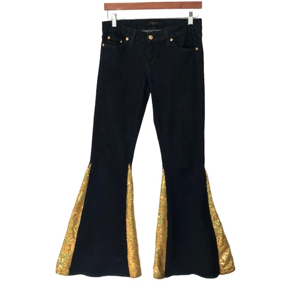 Vintage LVL X Black Denim Gold Sequin Hand Altered Flare Jeans - Picture 1 of 13